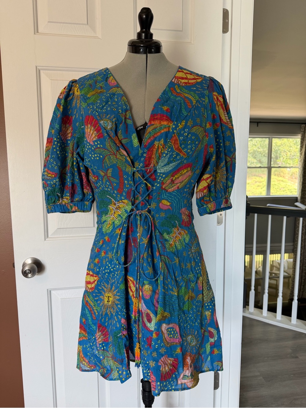 FARM Rio Teal Blue Multicolor Lace-Up Mini Dress